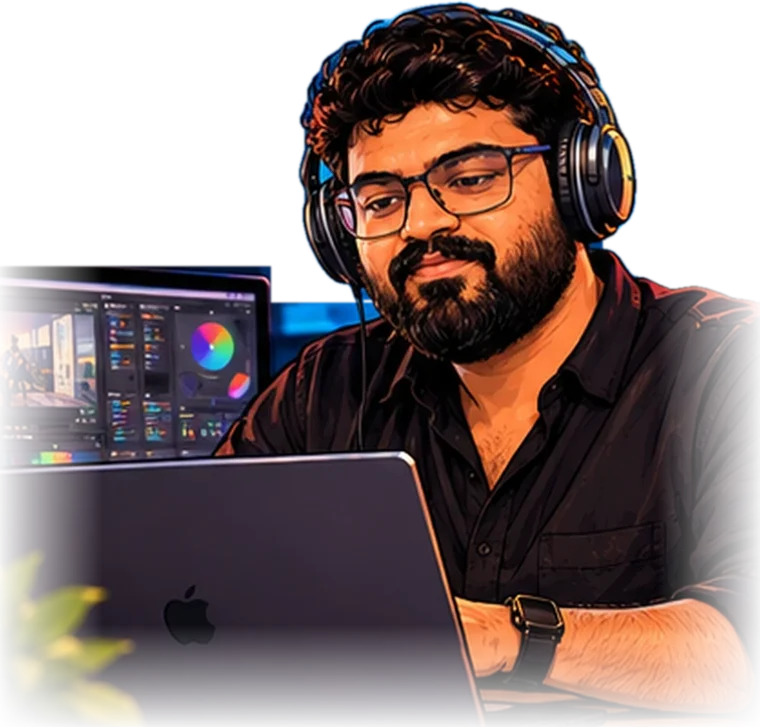 Sreerag Ayyappath working on a laptop with headphones