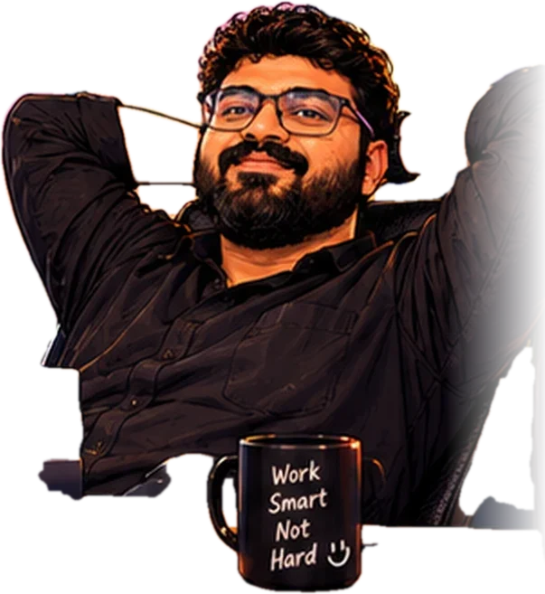 Sreerag relaxing with a Work Smart Not Hard mug