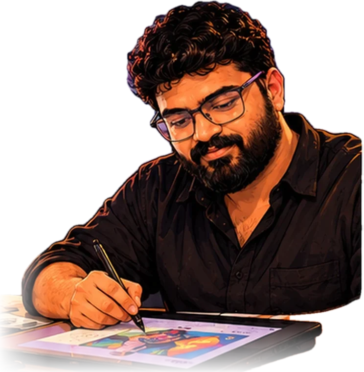Sreerag sketching on a drawing tablet
