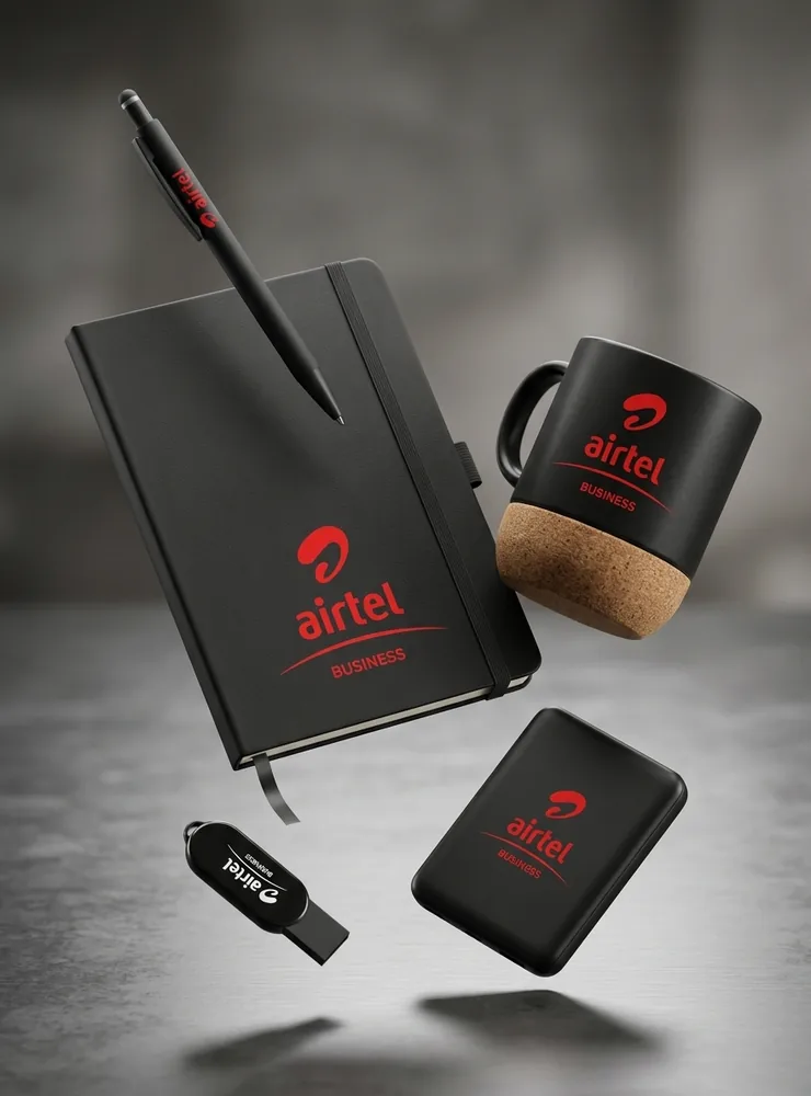 Airtel branded notebook, mug, power bank and USB drive