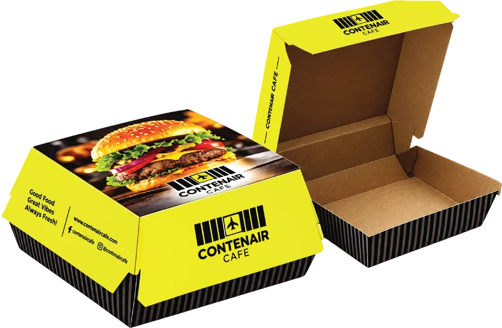 Contenair Cafe printed burger box, closed and open