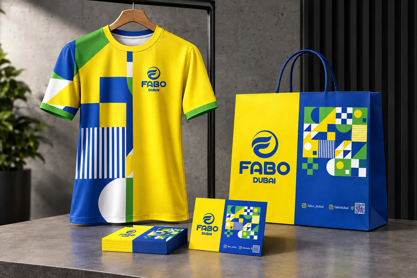 FABO Dubai sportswear branding: printed jersey, shopping bag and cards