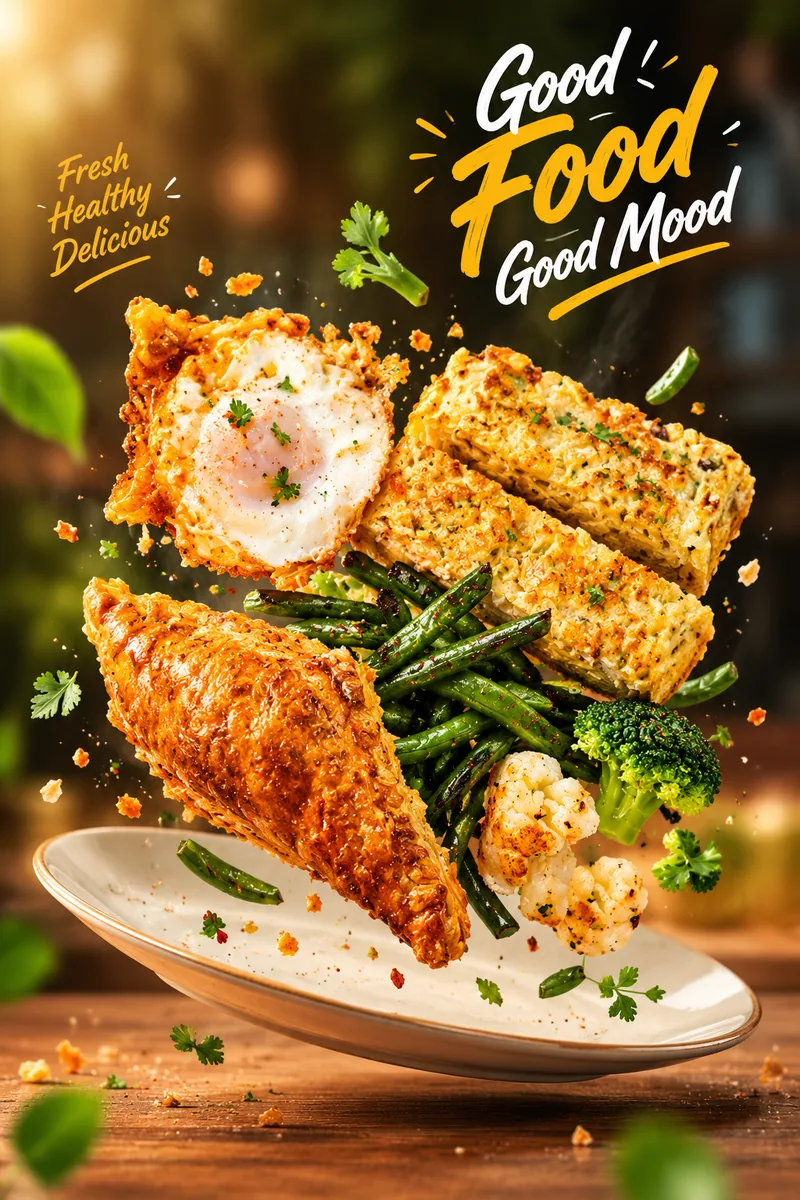 Good Food, Good Mood social media poster with a plated meal
