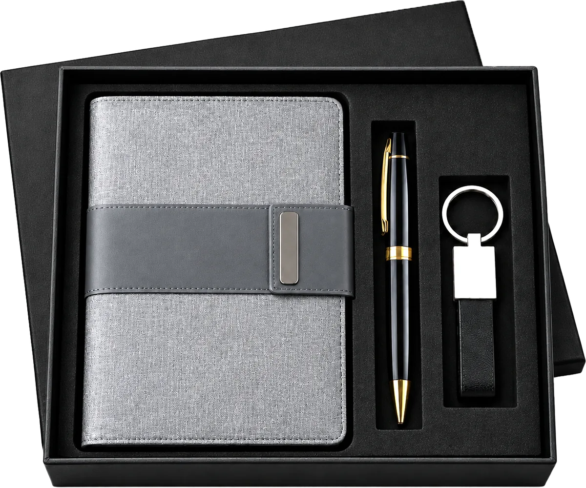 Corporate gift set with notebook, pen and keychain in a black box