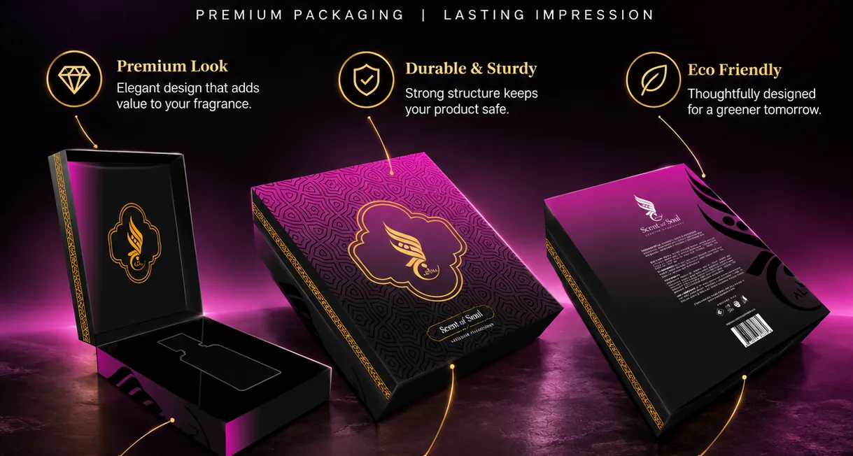 Scent of Soul luxury perfume packaging in black and magenta